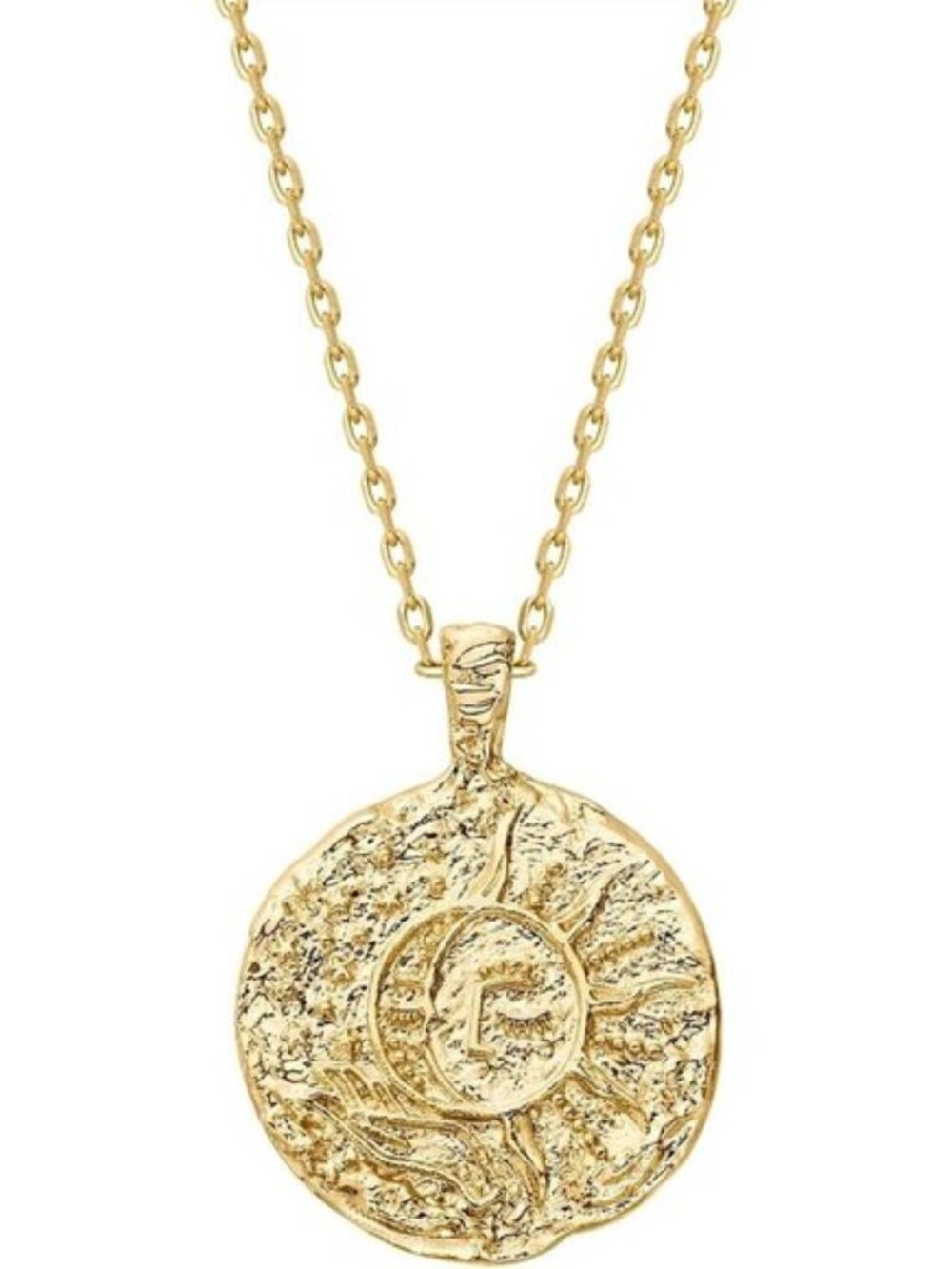 14K Yellow Gold Plated Engraved Moon & Star Coin Pendant Necklace CZ 20 Inch